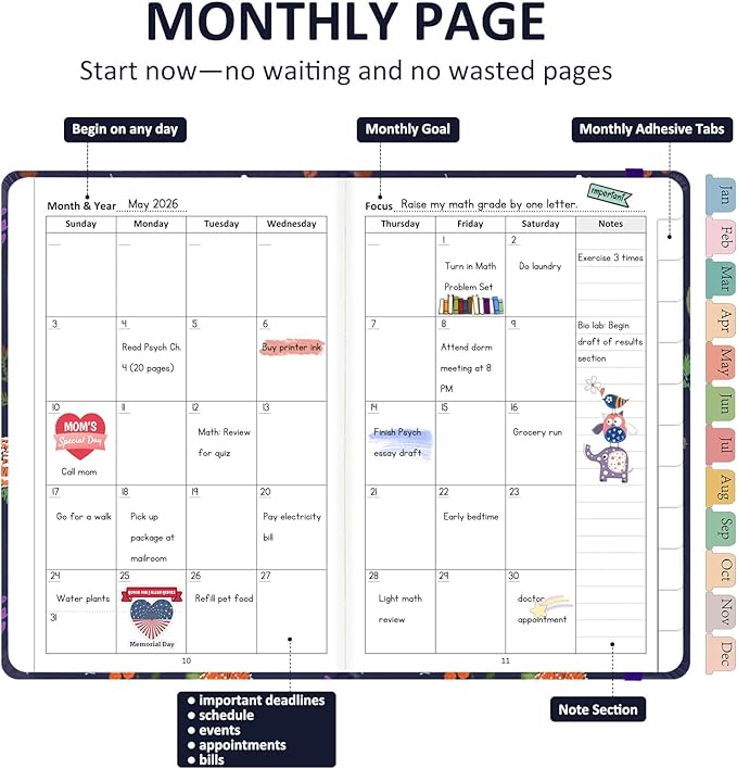 Comkiso Undated Weekly and Monthly Planner with Adhesive Tabs, A5 Dateless Academic Planner for Women & Men Daily Planning, Hardcover Leather All In One Planner for Home School Work Organizer (Birds)