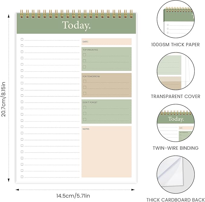 KMQOY To Do List Notepad - Daily Planner Pad Undated 52 Sheets Spiral Today Planner Note Pad Premium Thick Paper 6.5" x 9.8" For Work and Personal Organized