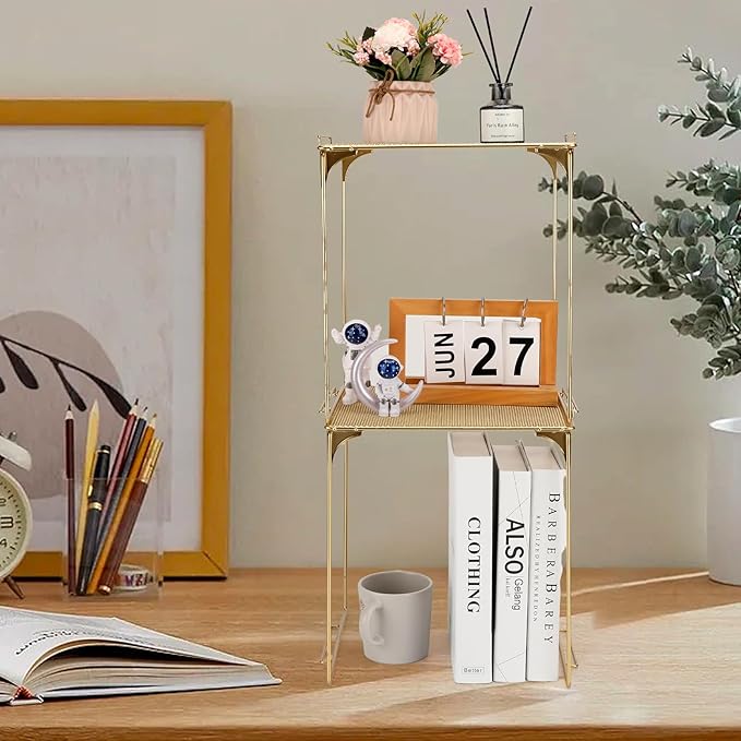 Locker Organizer Shelf Stackable Extra Locker Shelf for School Locker Organizer Storage Cabinet Accessories Suitable for School, Office, and Home use (2, Golden)