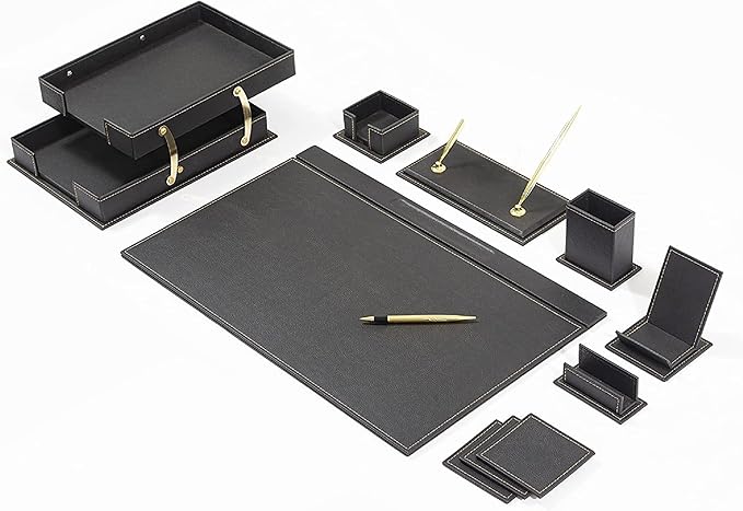 MOOGCO 12-Piece Leather Desk Set — Desk Pad 23.2" x 15.4", Double Document Tray, Pen Holder — Desk Organizer Set for Home Office & Executive Desk Accessories