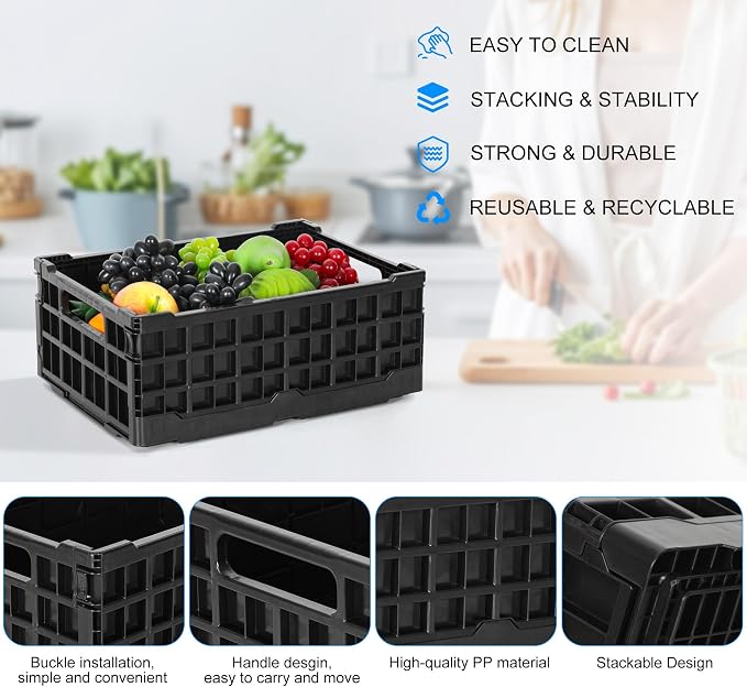 4-Pack Heavy Duty Stackable Storage Crates Plastic Collapsible Milk Crate Garage Organizing Bins Storage Containers for Home Office Moving Supplies, Black