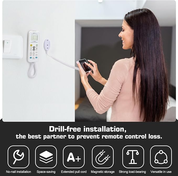 WALLFID 4-Pack Magnetic Remote Control Holders with Spring Ropes - Safely Secure Remotes & Small Items, Wall-Mount with Adhesive, Anti-Loss, Rapid Adsorption, Extendable Spring (White 70 inch，4 Pack)