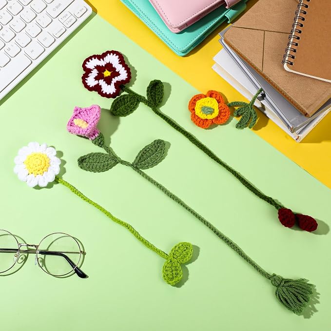 Harloon 4 Pieces Book Lover Gifts Flowers Crochet Bookmarks Handmade Knitted Book Marker Curtain Tiebacks Holdbacks Car Ornaments for Readers Writers Library(Cute)