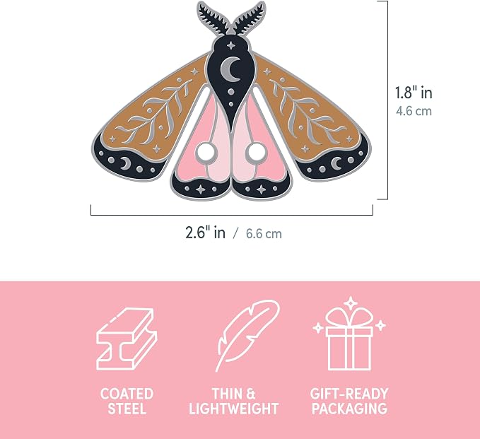 Genuine Fred Moth Marks Metal Bookmarks, Set of 2 Steel Moth-Shaped Page Markers, Lightweight, Modern Design, Celestial Details