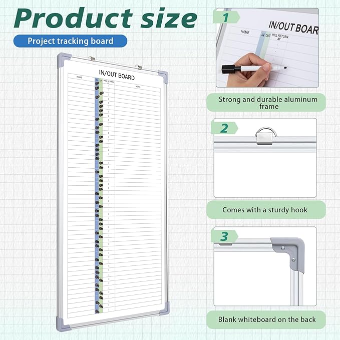 Lincia in and Out Magnetic Dry-Erase Board 36 x 18 Aluminum Framed White Board with Lines 53 Names with Magnetic Dry-Erase Marker, Eraser, and 55 Magnets Wall-Mounted for Office Employee