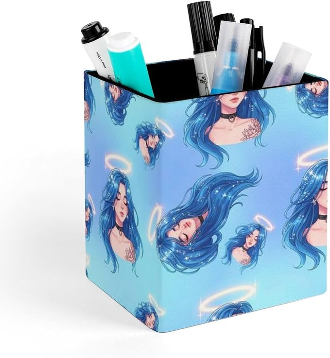 Pen Holder Square Leather Pencil, Holder Cup Makeup Brush Storage Organizer, Waterproof Multifunctional Office Supplies Women Goddess Blue Hair Cosmic Aura