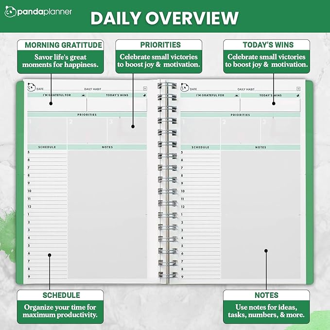 Panda Planner 2026 Undated Daily Planner 5.75" x 8.25" – 90-Day Spiral Productivity & ADHD Planner with Hourly Schedule, Habit Tracker, To-Do List & Monthly Calendar – Panda Journal for Home & Office (Green)