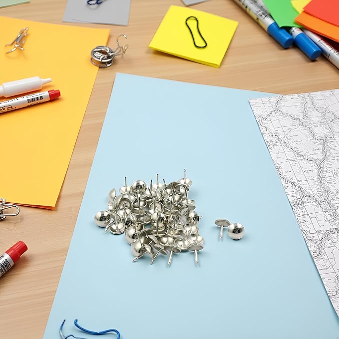 50Pcs Silver Pushpins Metal Thumb Tacks Round Head Nail Pins Map for Home Use and Tacks,Tape, Adhesives and Fasteners Office and School Supplies