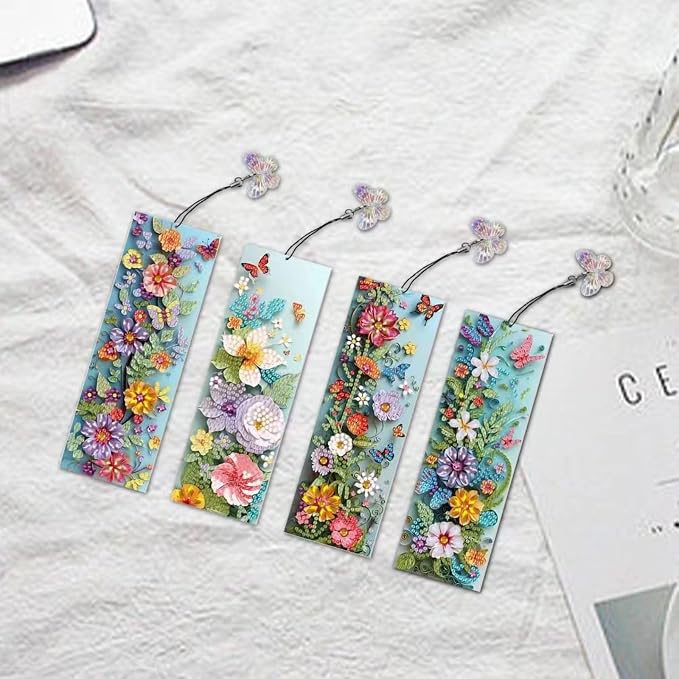 ARTopet 4Pcs DIY Diamond Art Painting Bookmarks with Colorful Butterfly Pendant PET Bookmark Ornament Double Sided Pattern Single Sided Diamond Book Marker Clip Gifts Tags-Flowers06