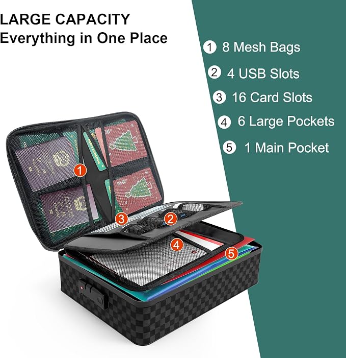 Demao Portable Document Box with Lock,File Storage Box with Waterproof Zipper,Thick Oxford Document Organizer with Multi Compartment, File Organizer for Office/Travel/School