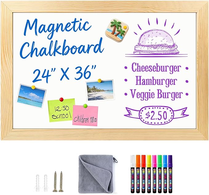 Magnetic Chalkboard for Wall, 24 x 36 Inch Solid Wood Framed Brown Magnetic Board, Wall Mounted Chalk Board for Kitchen, Restaurant, Food Truck and Calendar Board