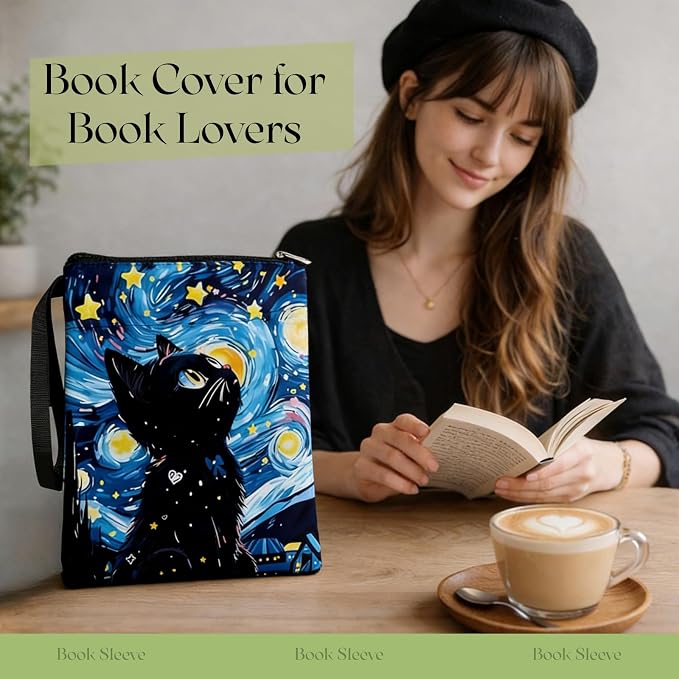 Book Sleeve with Zipper for Book Lovers, Book Protector Pouch with Front Pocket, Fabric Book Cover for Hardcover & Paperback, Travel Reading Accessories, Graduation Gift Bookish Gifts, Cat
