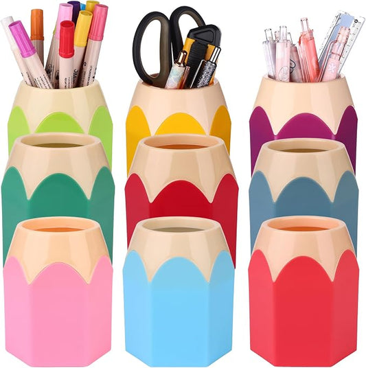 9 Pcs Pencil Shaped Pen Holders Pencil Storage Organizer Cute Plastic Pencil Holder for Desk Desktop Pen Cup Colorful Vase Pen Pot Makeup Brush Container Cartoon Stationery Rack for Office