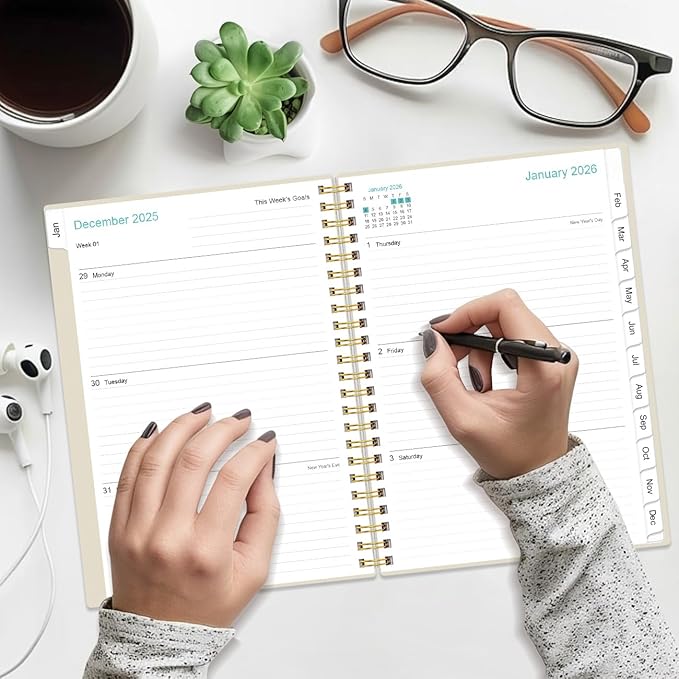 2026 Planner - Weekly and Monthly Calendar Planner from Jan 2026 - Dec 2026, Planner 2026 Spiral Bound with 12 Monthly Tabs, Inner Pocket, Perfect for School Office Supplies, 6.4" x 8.5", Beige