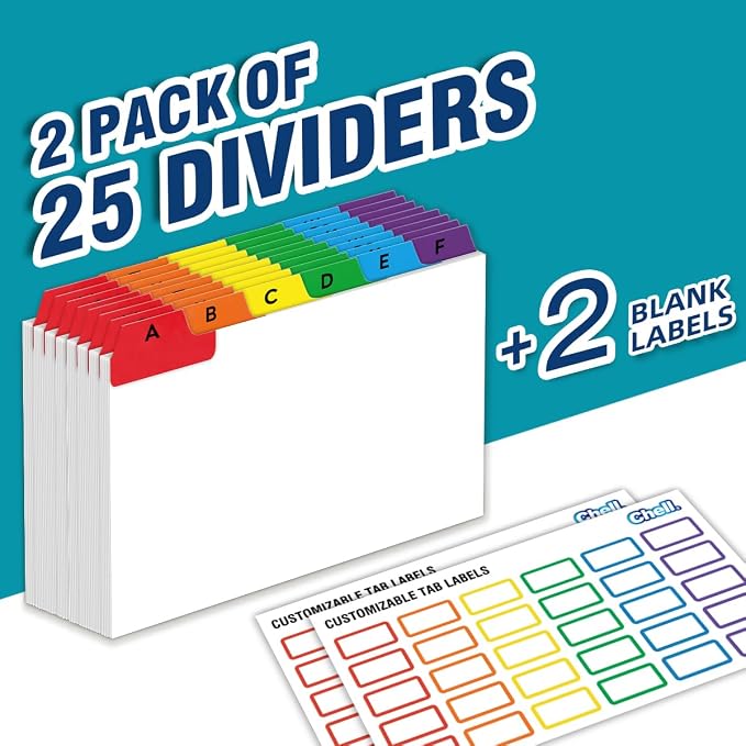 Chell 4x6 Index Card Dividers, Heavyweight A-Z Tabbed Guides, 110 lb. Cover Weight, with Blank Stickers, 2 Sets