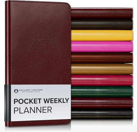 Gallery Leather Pocket Weekly Monthly Planner 2027, Elegantly Bound Calendar Planner and Notebook with Stylish Gold-Gilded Page Edges, 12 Months - Tremont Garnet - 6x3.25"