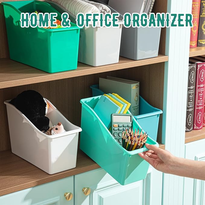 Geetery 24 Pcs Book Bin for Classroom with Labels Stackable Plastic Organizing Bins 11.5 x 5.4 x 7.5 in Book Holders Storage Bins Box Baskets for Classroom Library Home (Morandi Color)