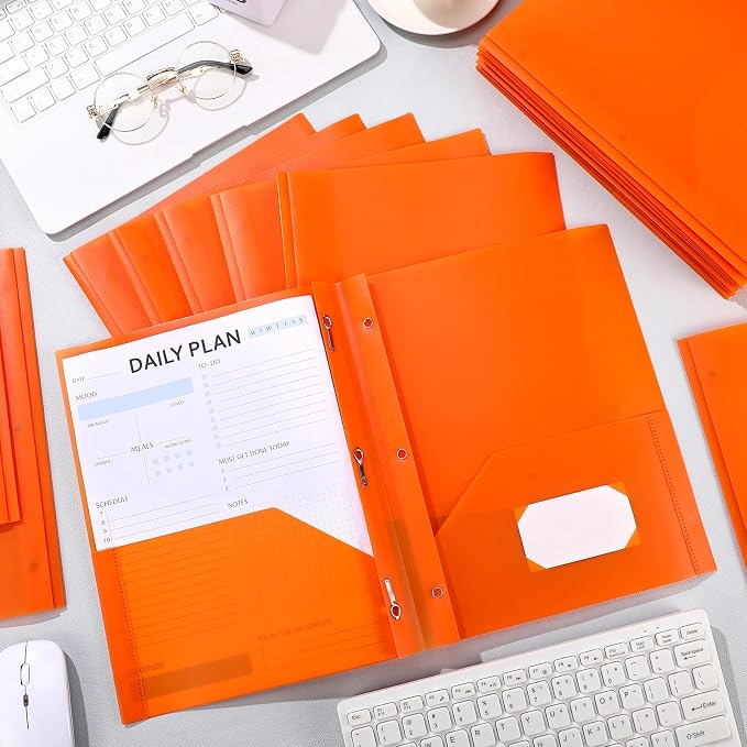 Cholemy 72 Packs Pocket Folders with Prongs Heavy Duty Plastic Folder with Business Card Slot 3 Prong Fasteners for School Office (Orange)