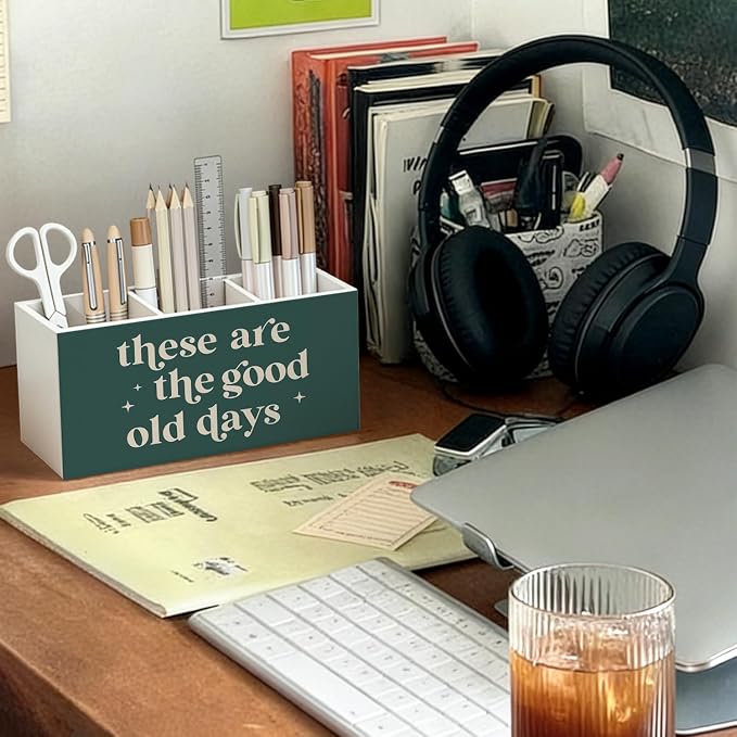 Green Inspirational Pen Pencil Holder for Desk, Motivational Inspirational Gifts, These Are the Good Old Days Positive Affirmation Wooden Box Sign Decorations for Home Office Desk Tabletop