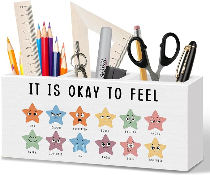 WODMIS Mental Health Classroom Pen Pencil Holder for Desk, It Is Okay to Feel Emotions Chart Wooden Box Organizer Decorations for Classroom Therapy School Counselor Office Desk Accessories Tabletop