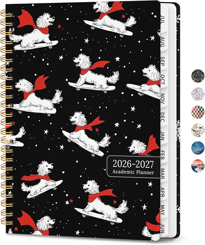 Planner 2026-2027, Monthly and Weekly Academic Planner July 2026 - June 2027, Hardcover Student Teacher Planning Agenda Calendar Book with Tabs, Perfect for Office School Supplies, A5 (6.3" x 8.5") - Skate Pup