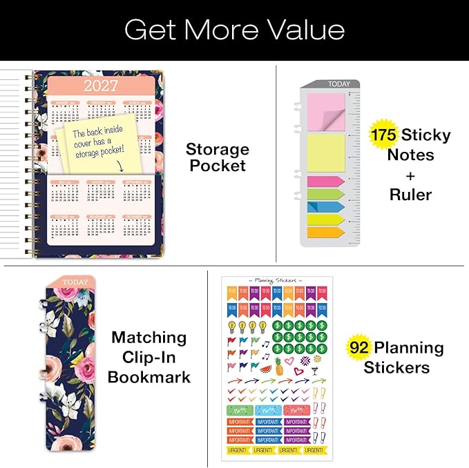 HARDCOVER Academic Year 2026-2027 Planner: 14 Months (May 2026 Through June 2027) 5.5"x 8" Daily Weekly Monthly Planner Yearly Agenda. Bookmark, Pocket Folder and Sticky Note Set (Small Navy Floral)