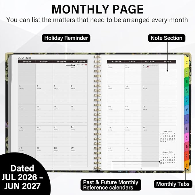 Planner 2026-2027, A4 Hardcover Weekly and Monthly Calendar Planner from July 2026 - June 2027, 8.5" x 11" Daily Agenda with Monthly Tabs, Spiral Bound, Inner Pocket, Cute Journal Organizer Notebook for Office School-Wild Flower
