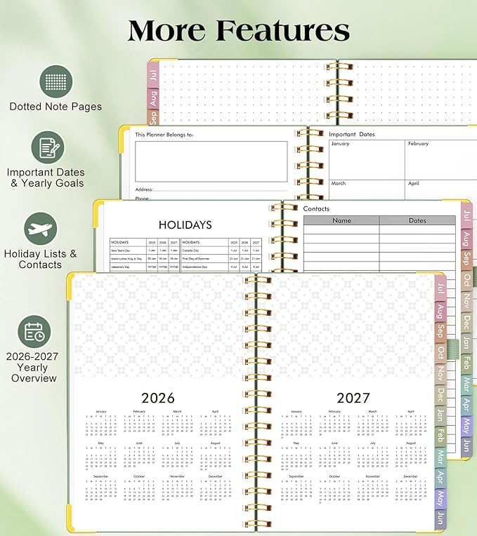 Academic Planner 2026-2027, Hardcover Weekly and Monthly Calendar Planner from July 2026 - June 2027, Daily Agenda Planners with Tabs, College School Organizer for Student Teacher, A4 (8.5" x 11"), Green