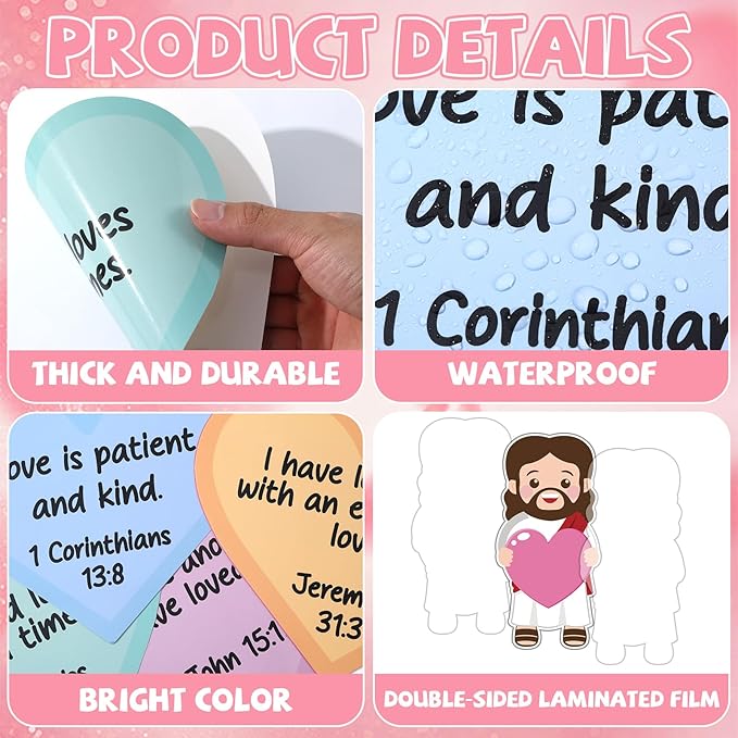 Valentine's Day Bulletin Board Decoration Colorful Heart Bible Verse Cutouts Valentines Jesus Religious Bulletin Board for Christian Valentine Office Chalkboard Sunday School Classroom Wall Decor