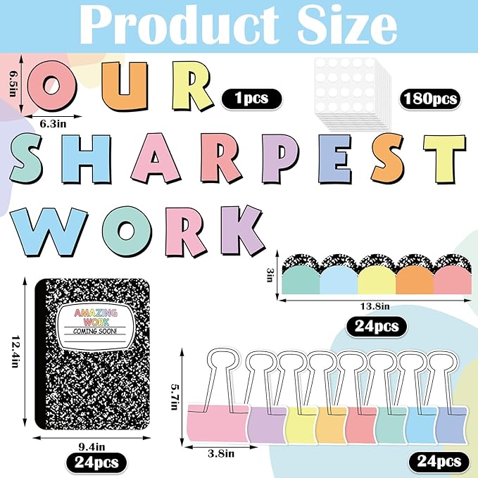 JarThenaAMCS Student Work Display Bulletin Board Decoration Set Composition Notebook Clips Inspirational Paper Cutouts for Back to School Classroom Chalkboard Wall Decor Teacher Supplies
