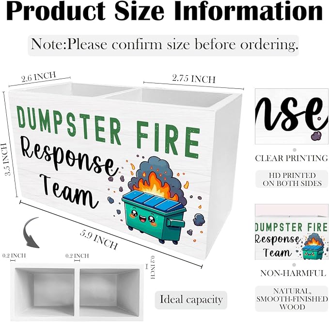Funny Dumpster Fire Pen Holder for Desk, Dumpster Fire Response Team Wooden Box Sign Desk Decor for Home Office Decoration, Sarcastic Gifts for Coworkers Pencil Organizer
