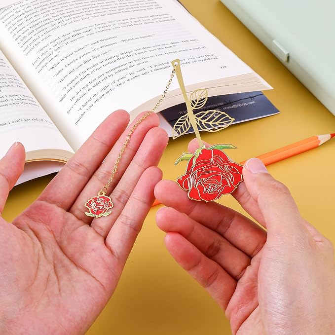 Bewudy Red Rose Bookmark with Flower Pendant, Metal Book Page Holder for Reading Lovers, Unique Gifts BookMarkers for Women, Her, Mom, Librarian, Teacher Book Lovers
