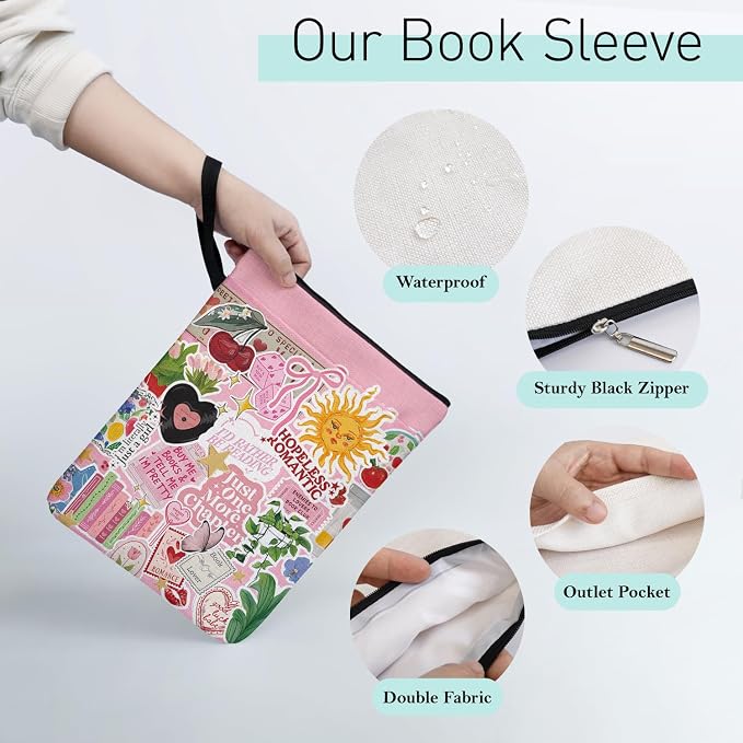 Just One More Chapter Y2K Book Sleeve for Women Book Lovers, Paperback Sleeve Gifts for Librarian Lovers Bookish Group Club, Book Cover with Zipper and Handle for Paperbacks 9 x 12 Inch