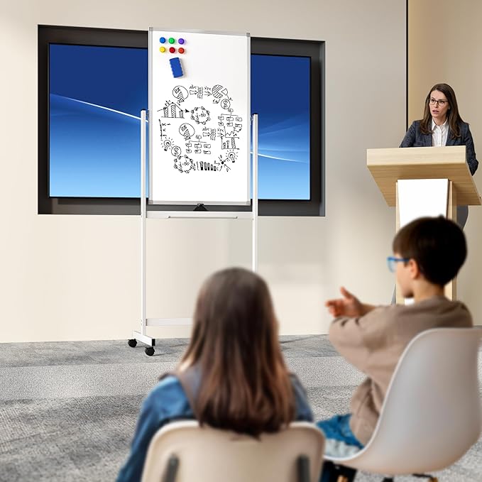 Large Rolling Whiteboard on Wheels, 40" x 24" Double-Sided Mobile White Board with Stand, Portable Standing Magnetic Dry Erase Board Easel for Home Office Classroom School, Silver