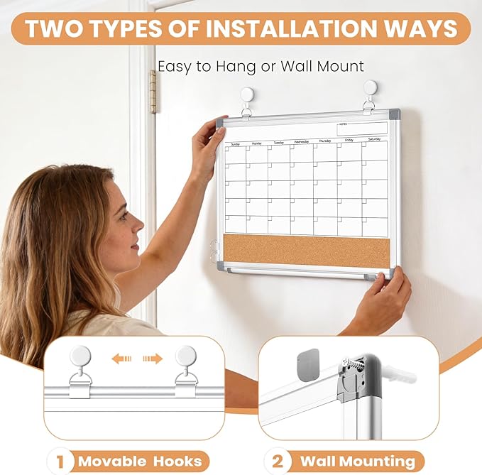 Small Monthly Dry Erase Calendar Whiteboard for Wall, 16" x 12" Double-Sided Magnetic Cute Calendar Dry Erase Board, Portable Hang Framed White Board Corkboard for Cubicle, Office, Home, College Dorm