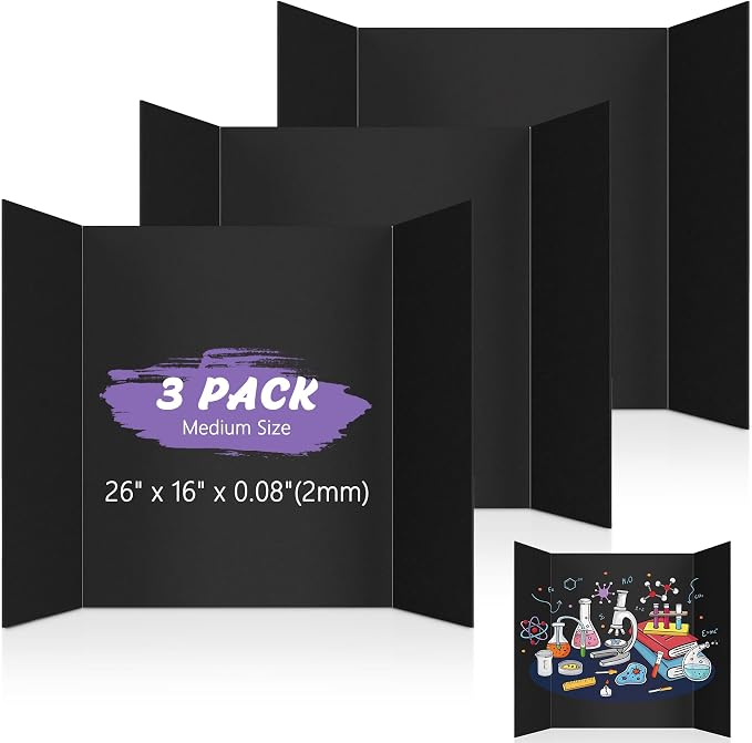 AKONEGE 3 Pack Medium Trifold Poster Board 26" x 16" Tri Fold Poster Boards Black Corrugated Cardboard Project Boards for Presentations, School Projects, Science Fair, Exhibition Event Display