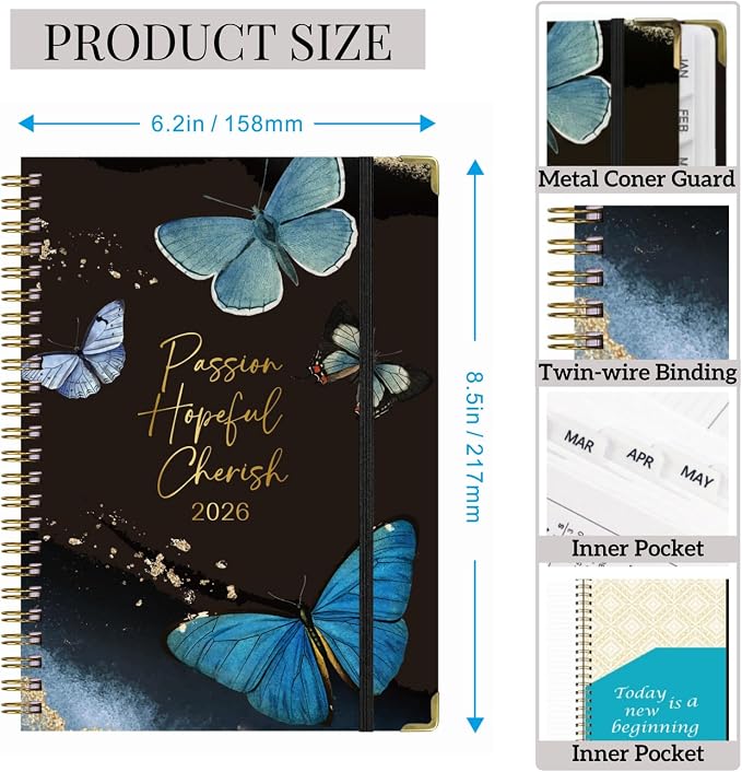 2026 Planner Weekly and Monthly,Jan 2026 to Dec 2026,A5 Hardcover Academic Appointment Book with Tabs,100GSM Thick Paper,Back Pocket Bookmark Ruler,Cute Black Butterfly Agenda for Women Teachers Students