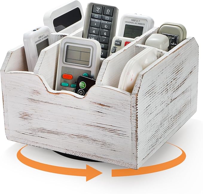 yarlung Vintage Rotating Remote Control Holder, Shabby Chic White Wooden Office Supplies Organizer 7 Compartments, 360° Rotation Multipurpose Storage Caddy for Pens, Art Supplies, TV Media