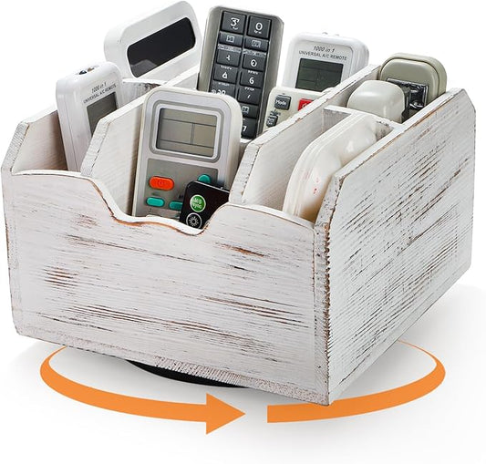 yarlung Vintage Rotating Remote Control Holder, Shabby Chic White Wooden Office Supplies Organizer 7 Compartments, 360° Rotation Multipurpose Storage Caddy for Pens, Art Supplies, TV Media