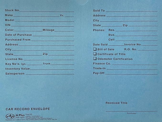 A Plus Car Record Envelope #19 Vehicle Dealer Jackets, 100 Quantity, Blue (P15)