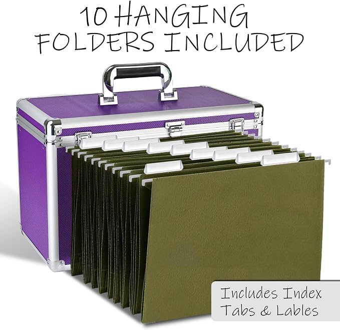 File Storage Cabinet for Legal Size Hanging File Folders, Suspension File Holder, Document Organizer Filing Lockbox in Office and Home with Combination Lock and 10-pack Hanging Files (Purple, Legal)