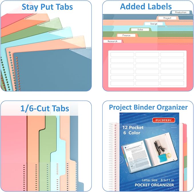 12 Pocket Project Organizer, 6 Color Letter Size Spiral Multi Pocket Folder Organizer, 1/6-cut Tab Poly File Organizer Binder with Dividers,Multi-Subject Notebook Binder School Office Supplies