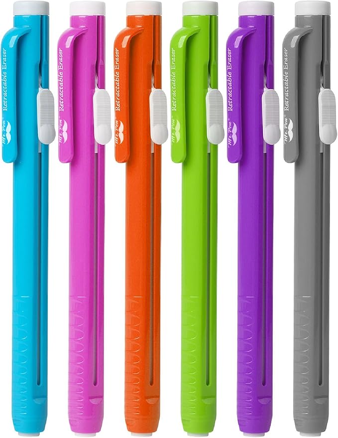 Mr. Pen- Retractable Mechanical Eraser Pens, 6 Pack, Vibrant Colors, Latex-Free Precision Pencil Erasers for Artists, Students, Drawing, Sketching & Drafting