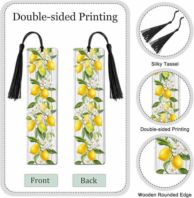 Lemon Bookmarks 5 Pcs Yellow Fruits Green Leaves Summer Wooden Bookmark with Tassels for Reading Book Lovers Gift Office School Readers Teacher