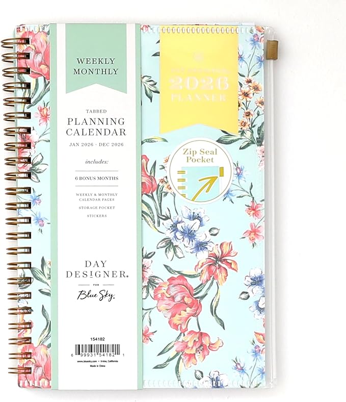 Blue Sky Day Designer 2026 Weekly and Monthly Planner Calendar, January 2026 - December 2026, 5" x 8", Flexible Cover With Zip Pouch, Durable Twin Wire Binding, Storage Pocket, Includes Stickers, Tulip Garden Mint