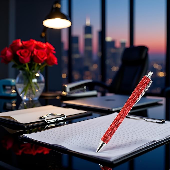 Red Rhinestone Bling Metal Ballpoint Pens Stationery Press Pen Black Ink Gift Pens for Women Girls Coworkers Novelty Cool Signature Pen Writing and Correction Supplies