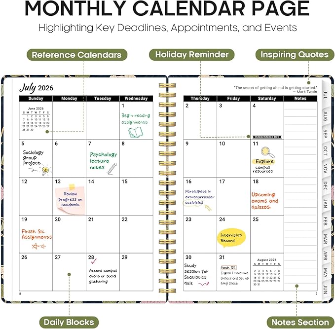 Planner 2026-2027, Academic Year Weekly and Monthly Calender Planner, from Jul 2026 - Jun 2027, Spiral Bound School Planning Book, Perfect for Teacher, Student, Women & Men, A5 (6.3" x 8.5"), Blush Vines