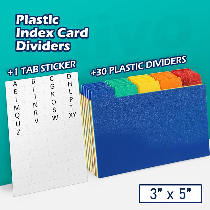 Olivo Index Card Dividers Tabs 3x5 Poly Plastic Card File Guides 3" x 5", Colored, 30 Pack