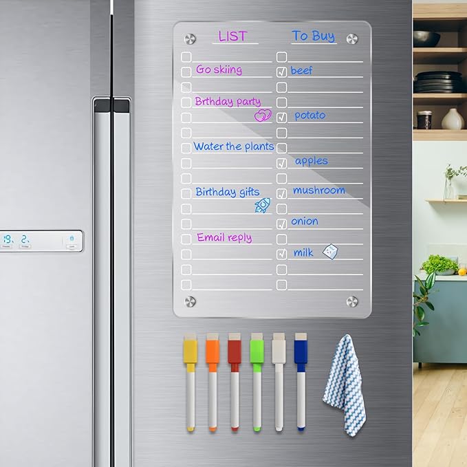 JonXon Acrylic Magnetic Dry Erase Board for Fridge, Clear Acrylic Magnet Calendar for Refrigerator,Includes 6 Kinds Products Set(8" x 12",to do List)