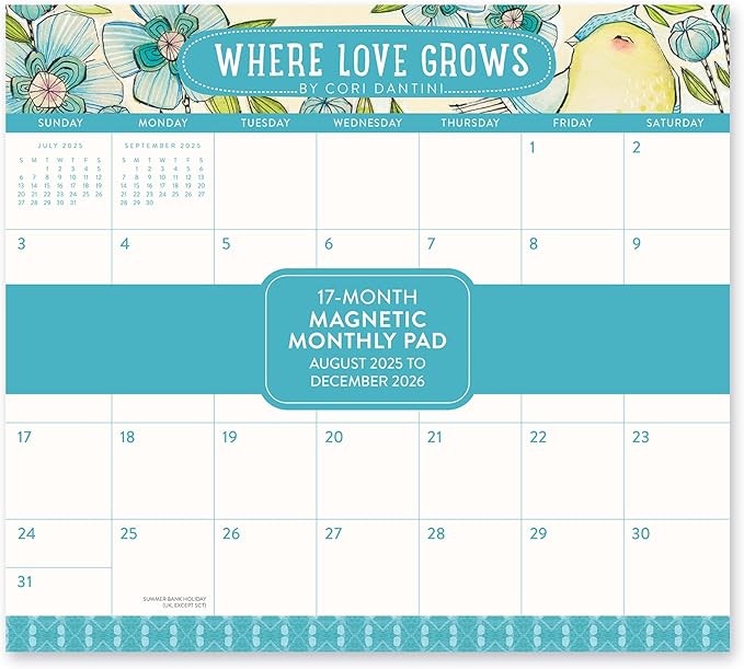 Orange Circle Studio 2026 Magnetic Monthly Fridge Calendar, Where Love Grows, 17-Month Daily Aesthetic Planner Notepad with Magnet for Refrigerator, Easy Organizer for Grocery List, Appointments